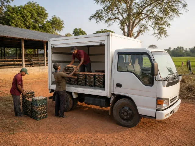 Sri Lankan workers loading secured egg trays into a covered rural delivery truck