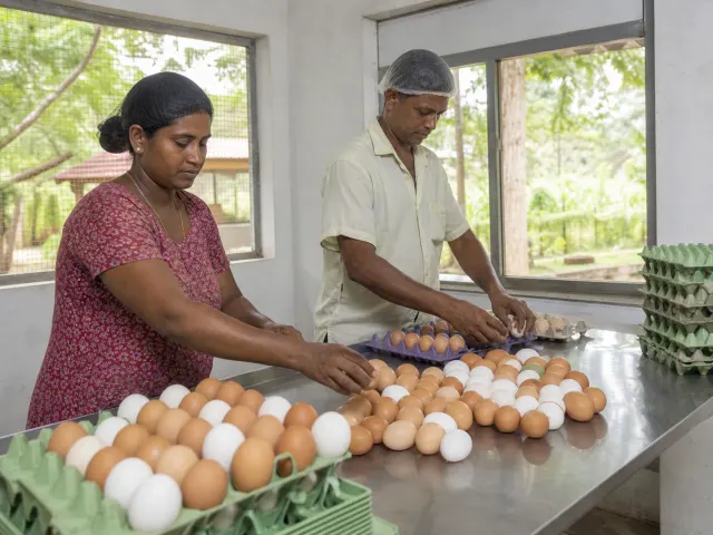 Sri Lankan farm workers carefully grading and packing fresh eggs