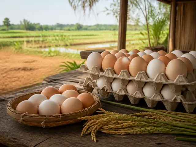 Fresh brown and white eggs at a North Central dry-zone farm